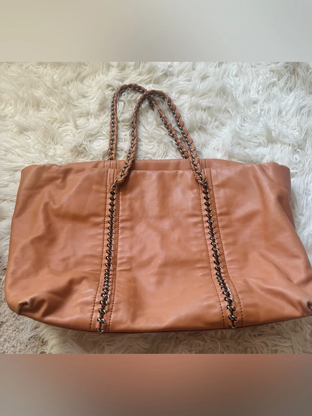 CHANEL Tan Leather Chain-Strap Tote with Stitched CC Emblem